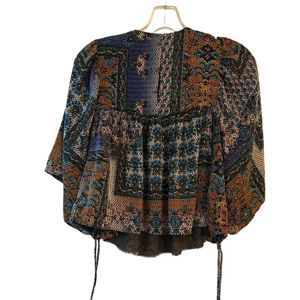 Zara Trafaluc Boho Kimono Sleeve Blouse XS Multicolor Patchwork Drawstring Top - Picture 4 of 6